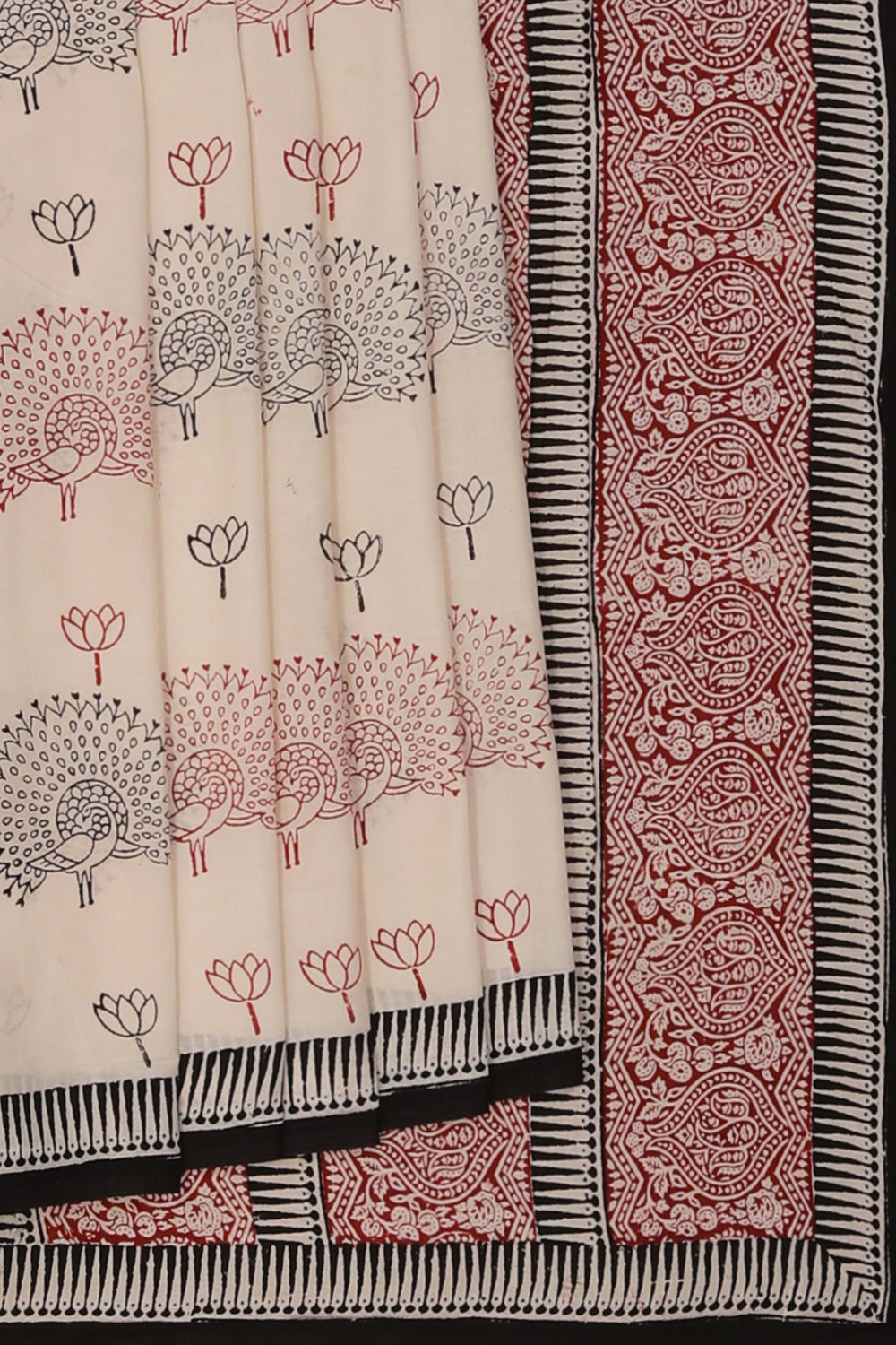 Image of Off White Bagh block printed cotton saree